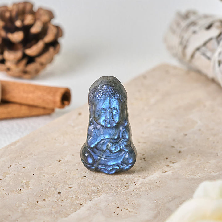 Buddha Stones Figura de labradorita natural con símbolo de Buda, estatua curativa para decoración del hogar - image 1