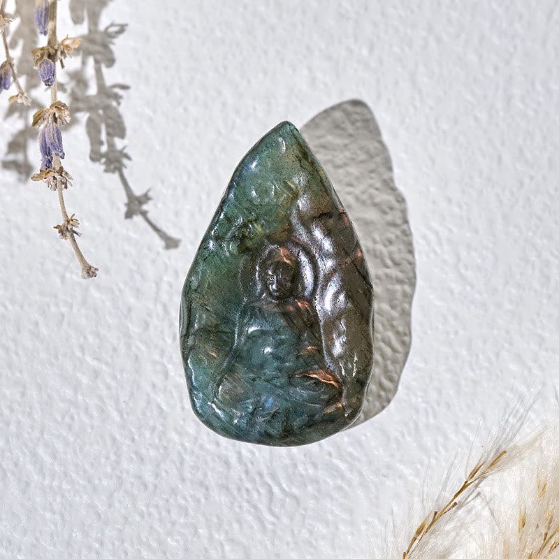 Buddha Stones Figura de Buda con grabado en forma de lágrima de labradorita natural, estatua curativa para decoración del hogar. - image 1