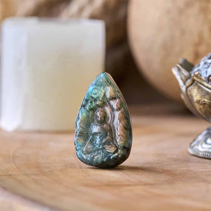 Buddha Stones Figura de Buda con grabado en forma de lágrima de labradorita natural, estatua curativa para decoración del hogar. - image 2