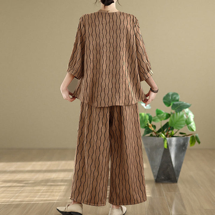 Buddha Stones Conjunto de 2 piezas de camisa de manga corta con estampado de rayas de poliéster de 7 largos y pantalones harén con bolsillo - image 3