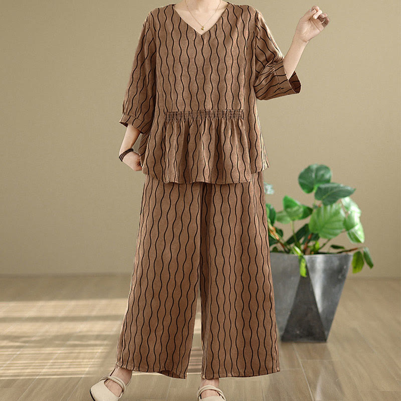 Buddha Stones Conjunto de 2 piezas de camisa de manga corta con estampado de rayas de poliéster de 7 largos y pantalones harén con bolsillo - Perú - US12, UK/AU16, EU44 (3XL) - image 0
