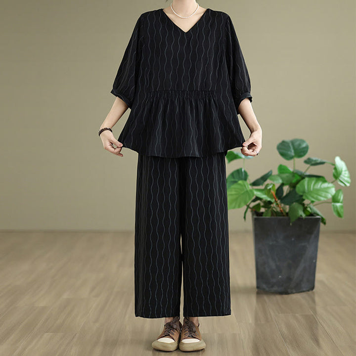 Buddha Stones Conjunto de 2 piezas de camisa de manga corta con estampado de rayas de poliéster de 7 largos y pantalones harén con bolsillo - image 12