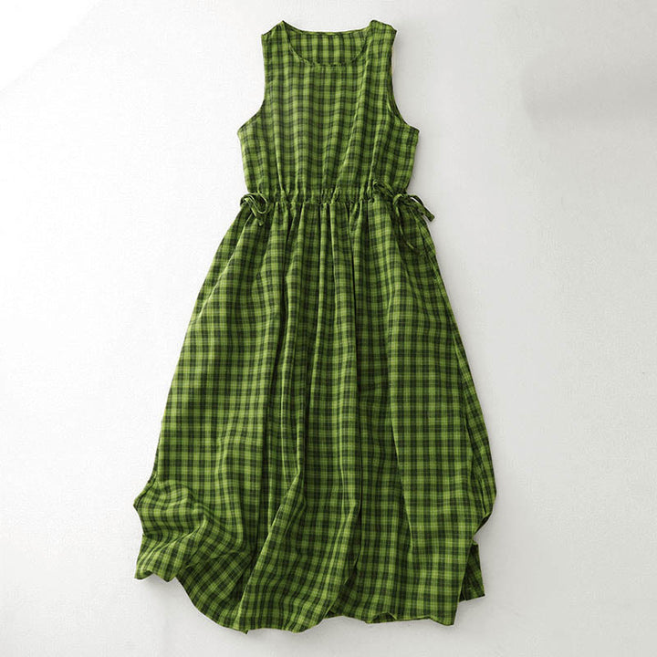 Buddha Stones Vestido midi de verano a cuadros sin mangas con bolsillos - Verde - US8-10，UK/AU12-14，EU40-42 (2XL) - image 0