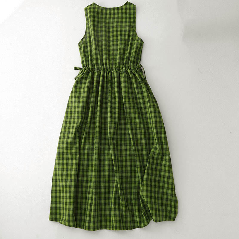 Vestido midi de verano sin mangas a cuadros con estampado de Buddha Stones y bolsillos. - image 1