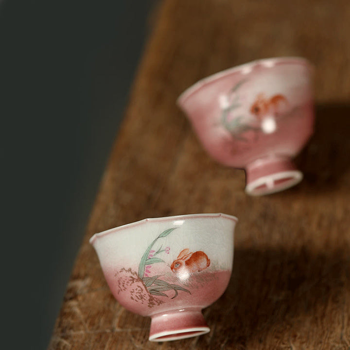 Buddha Stones Taza de té de cerámica con diseño de orquídea y conejo pintada a mano, 75 ml - image 5