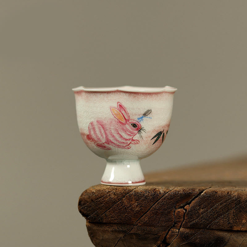 Buddha Stones Taza de té de cerámica con diseño de orquídea y conejo pintada a mano, 75 ml - Conejo rosa 7,3 cm x 5,5 cm x 75 ml - image 2