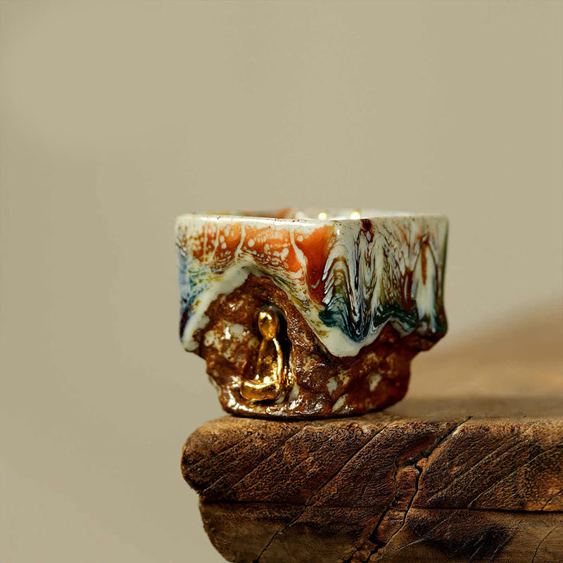 Buddha Stones Taza de té de cerámica Shino con Buda meditador de Dunhuang pintada a mano, taza de té de kung fu - Buda meditando 6cm*6cm*75ml - image 0
