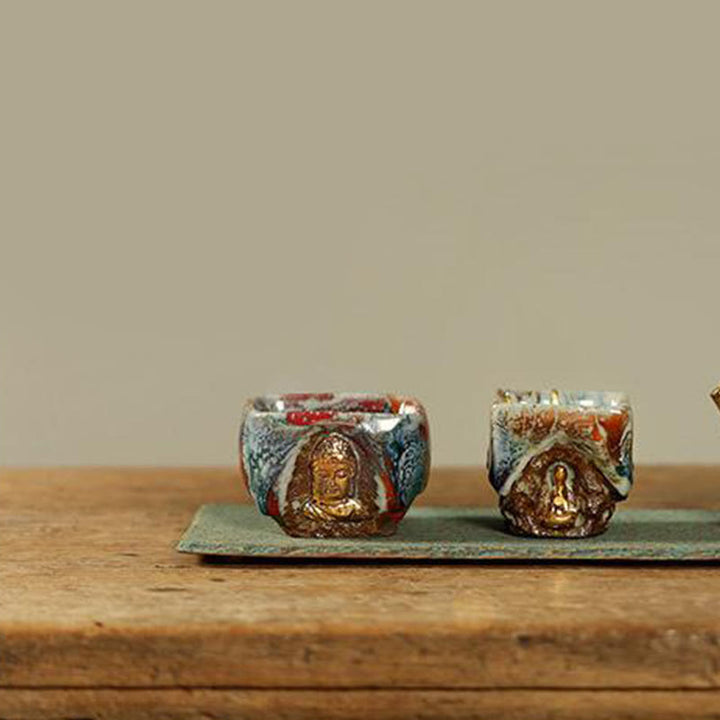 Buddha Stones Taza de té de cerámica Shino con Buda meditador de Dunhuang pintada a mano, taza de té de kung fu - image 15