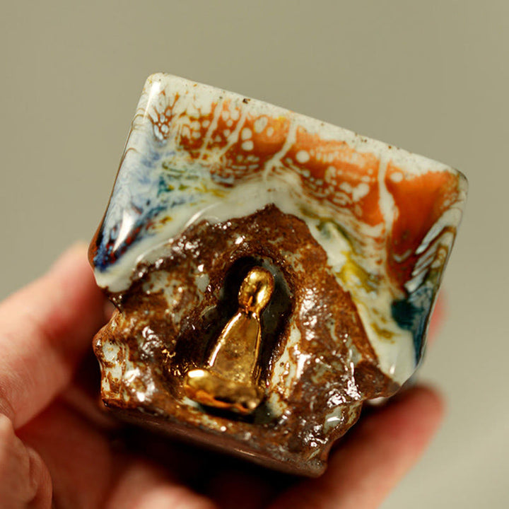 Buddha Stones Taza de té de cerámica Shino con Buda meditador de Dunhuang pintada a mano, taza de té de kung fu - image 1