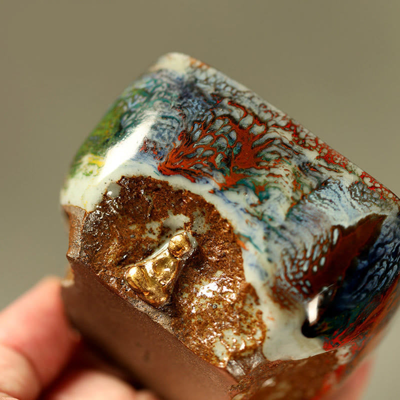 Buddha Stones Taza de té de cerámica Shino con Buda meditador de Dunhuang pintada a mano, taza de té de kung fu - image 9