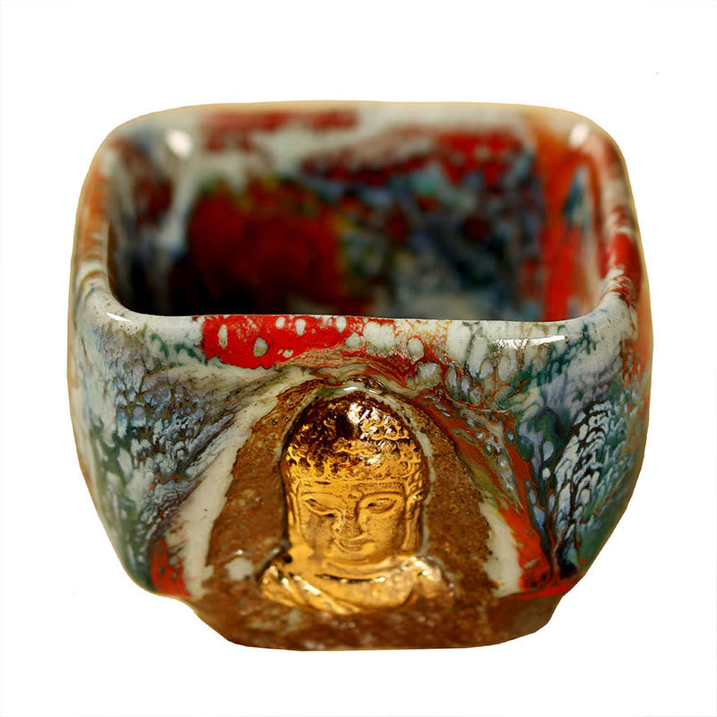 Buddha Stones Taza de té de cerámica Shino con Buda meditador de Dunhuang pintada a mano, taza de té de kung fu - image 13