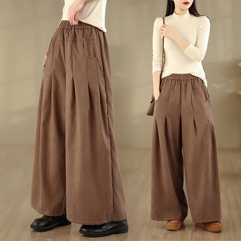 Buddha Stones Pantalones anchos de pana marrón liso para mujer con bolsillos - Perú - US8-10，UK/AU12-14，EU40-42 (2XL) - image 0