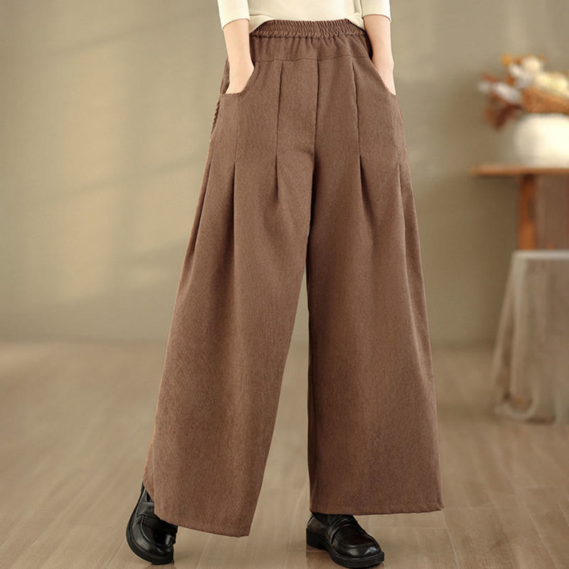 Buddha Stones Pantalones anchos de pana marrón liso para mujer con bolsillos - image 1