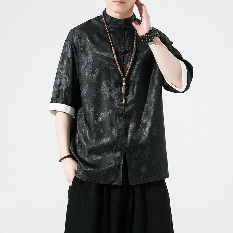 Buddha Stones Camisas de media manga con botones de rana y estampado de flores de anacardo de verano para hombre - Negro - US/UK/AU46, EU56 (5XL) - image 10