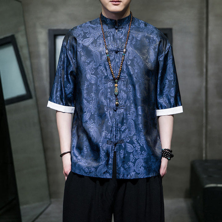 Buddha Stones Camisas de media manga con botones de rana y estampado de flores de anacardo de verano para hombre - Azul real - US/UK/AU46, EU56 (5XL) - image 28
