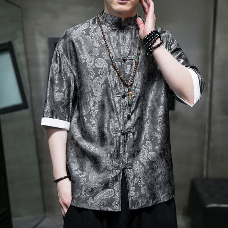 Buddha Stones Camisas de media manga con botones de rana y estampado de flores de anacardo de verano para hombre - image 1