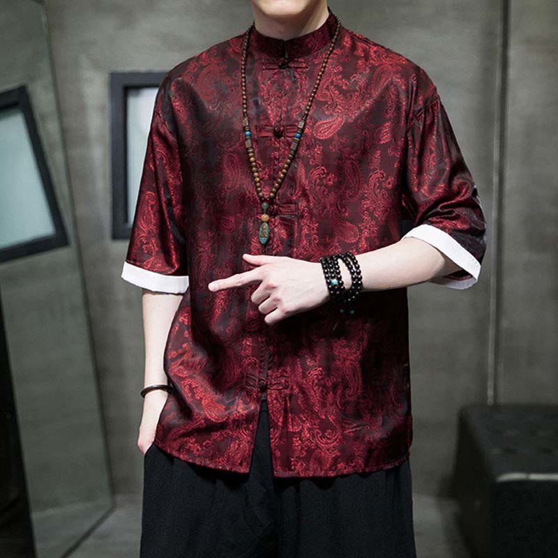 Buddha Stones Camisas de media manga con botones de rana y estampado de flores de anacardo de verano para hombre - image 21