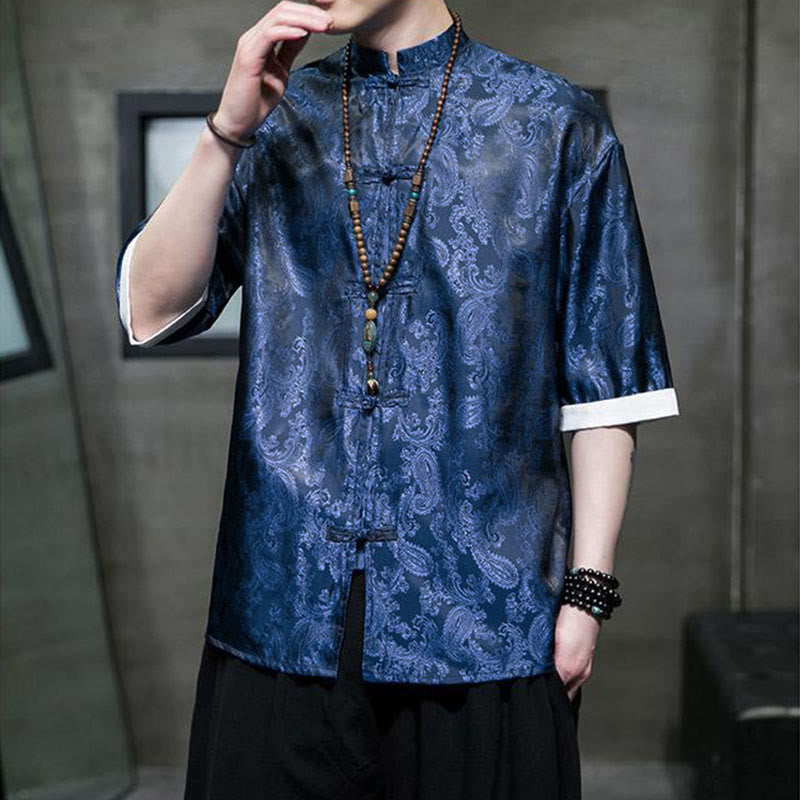 Buddha Stones Camisas de media manga con botones de rana y estampado de flores de anacardo de verano para hombre - image 31