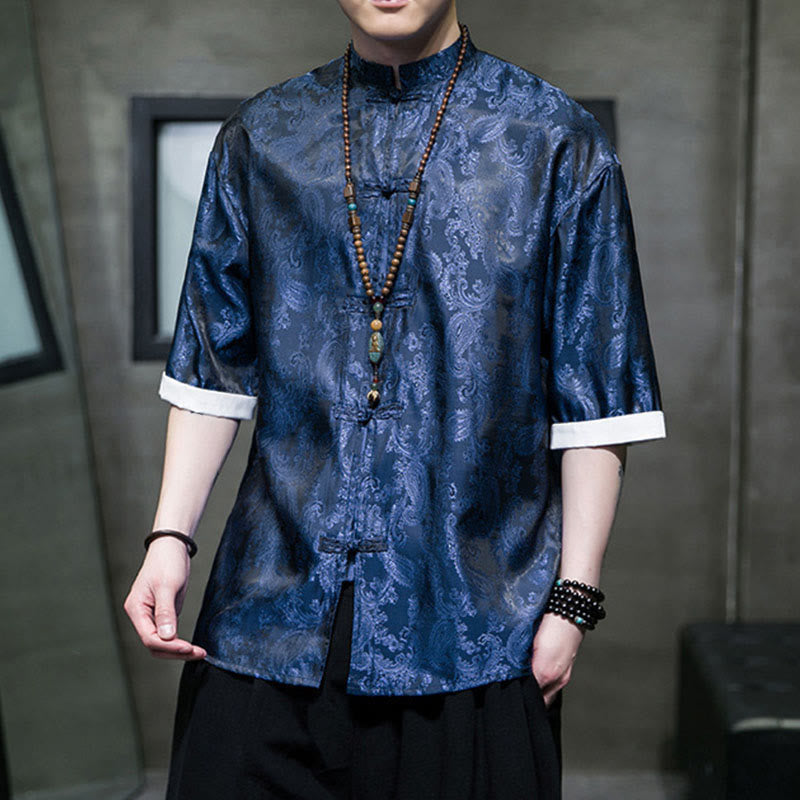 Buddha Stones Camisas de media manga con botones de rana y estampado de flores de anacardo de verano para hombre - image 30