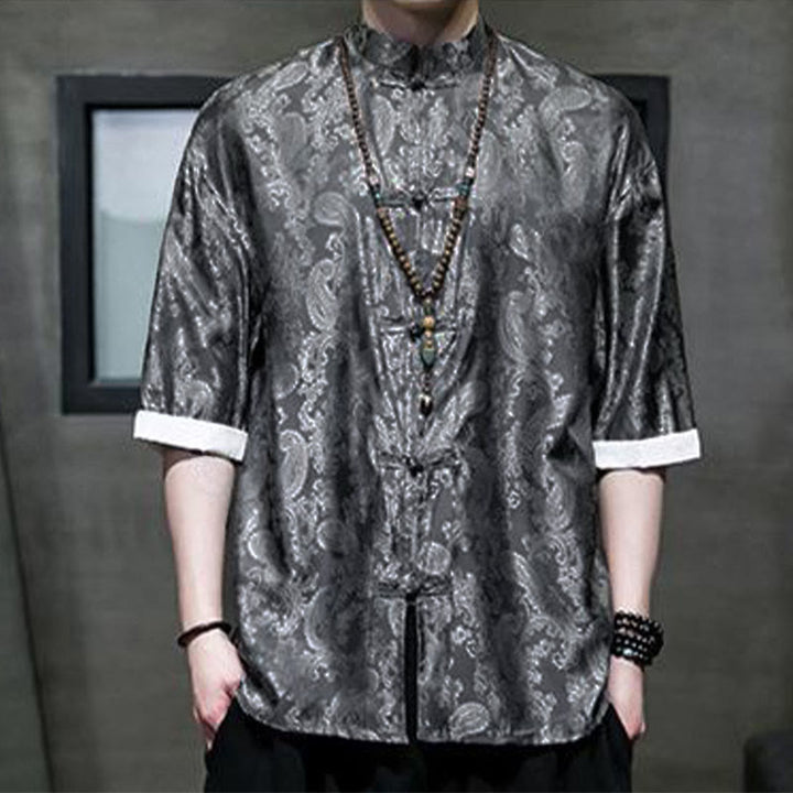 Buddha Stones Camisas de media manga con botones de rana y estampado de flores de anacardo de verano para hombre - image 2