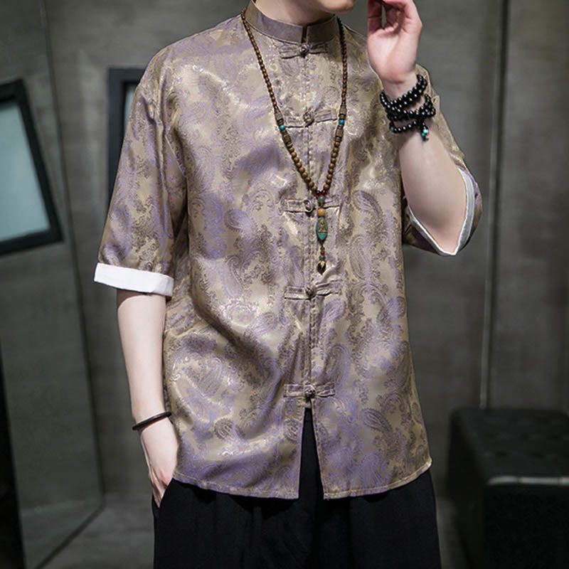 Buddha Stones Camisas de media manga con botones de rana y estampado de flores de anacardo de verano para hombre - image 42