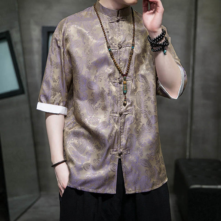 Buddha Stones Camisas de media manga con botones de rana y estampado de flores de anacardo de verano para hombre - image 42