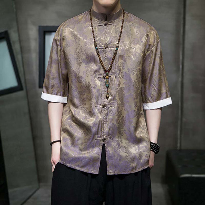 Buddha Stones Camisas de media manga con botones de rana y estampado de flores de anacardo de verano para hombre - image 43