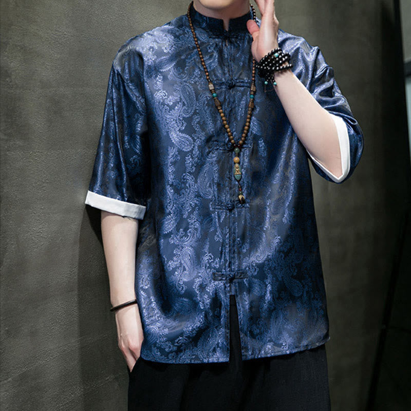 Buddha Stones Camisas de media manga con botones de rana y estampado de flores de anacardo de verano para hombre - image 34