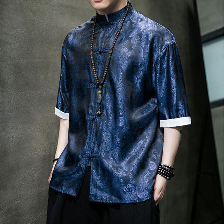 Buddha Stones Camisas de media manga con botones de rana y estampado de flores de anacardo de verano para hombre - image 33