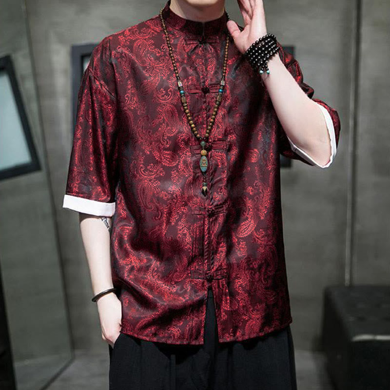 Buddha Stones Camisas de media manga con botones de rana y estampado de flores de anacardo de verano para hombre - image 24