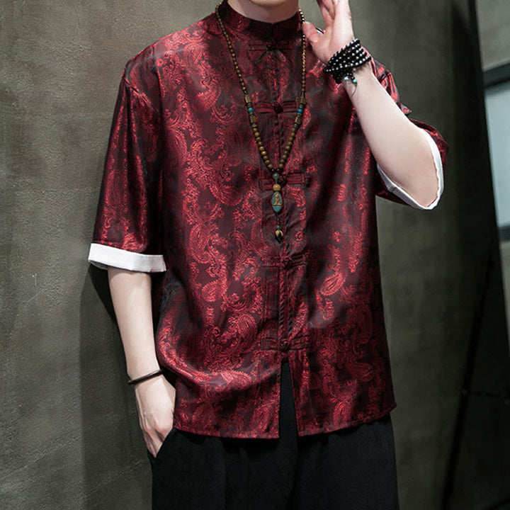 Buddha Stones Camisas de media manga con botones de rana y estampado de flores de anacardo de verano para hombre - image 22