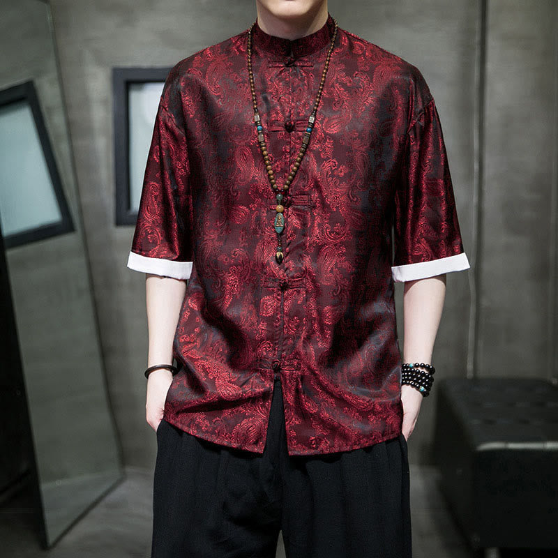 Buddha Stones Camisas de media manga con botones de rana y estampado de flores de anacardo de verano para hombre - image 25