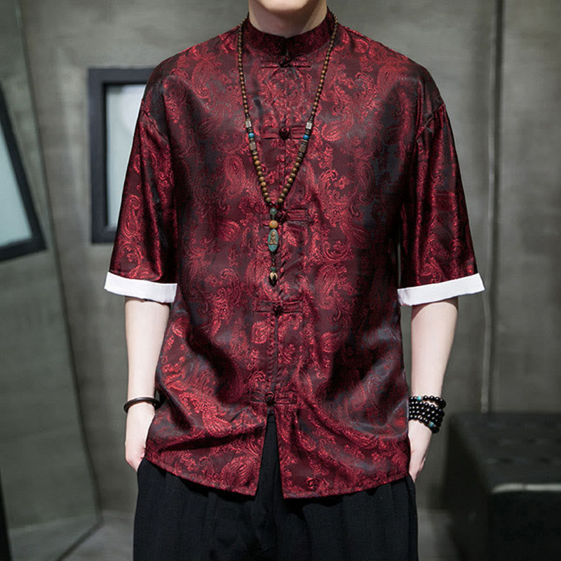 Buddha Stones Camisas de media manga con botones de rana y estampado de flores de anacardo de verano para hombre - image 27