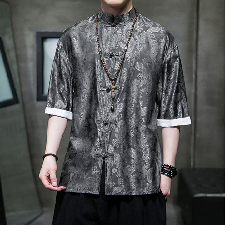 Buddha Stones Camisas de media manga con botones de rana y estampado de flores de anacardo de verano para hombre - image 8