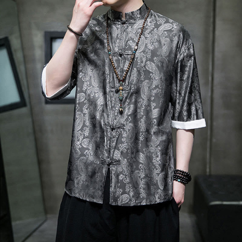 Buddha Stones Camisas de media manga con botones de rana y estampado de flores de anacardo de verano para hombre - image 7