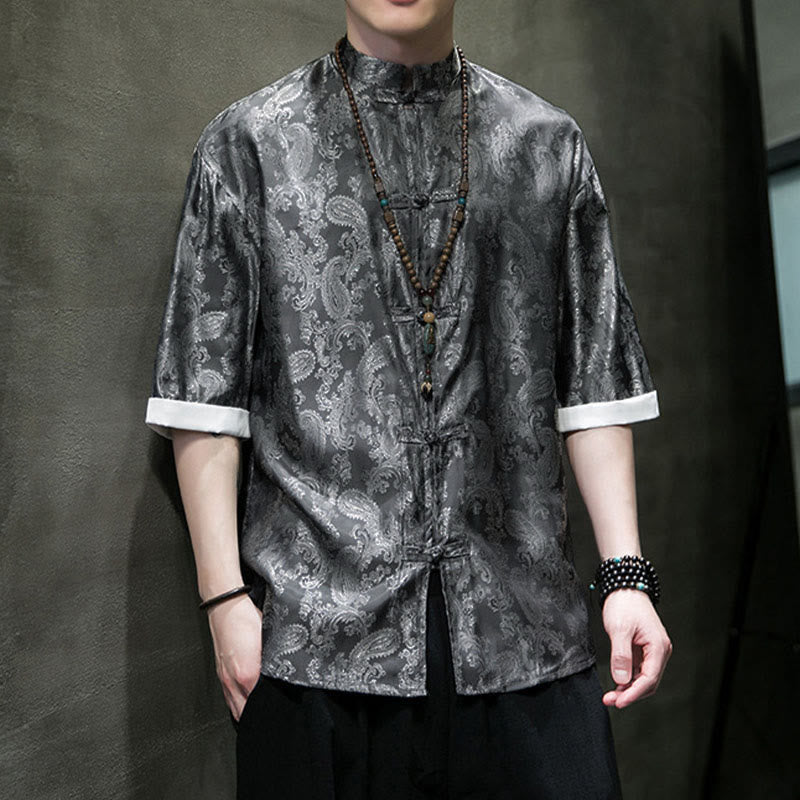 Buddha Stones Camisas de media manga con botones de rana y estampado de flores de anacardo de verano para hombre - image 5