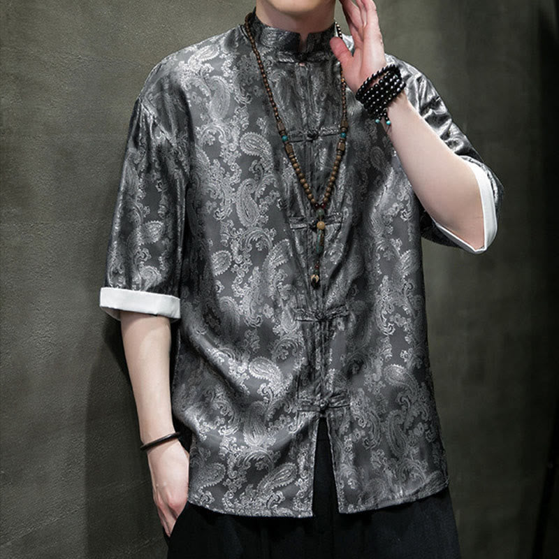 Buddha Stones Camisas de media manga con botones de rana y estampado de flores de anacardo de verano para hombre - image 6
