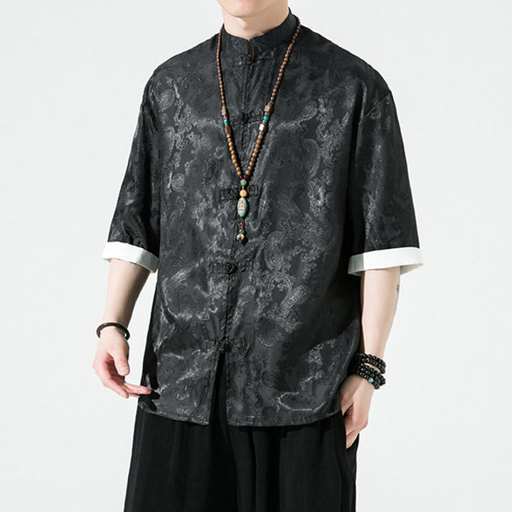 Buddha Stones Camisas de media manga con botones de rana y estampado de flores de anacardo de verano para hombre - image 12