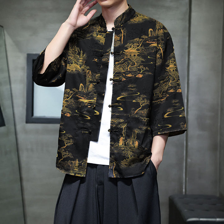 Buddha Stones Camisa de hombre con manga tres cuartos y bolsillos, diseño de rana de primavera, dragón, montaña y flores - Negro - US/UK/AU44, UE54 (5XL) - image 29