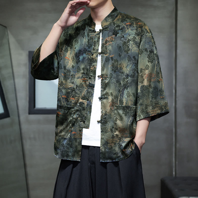 Buddha Stones Camisa de hombre con manga tres cuartos y bolsillos, diseño de rana de primavera, dragón, montaña y flores - Verde oliva - US/UK/AU44, UE54 (5XL) - image 49