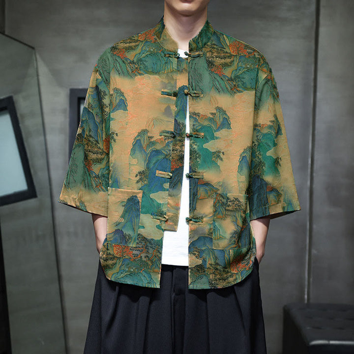 Camisa de hombre Tang Suit con mangas tres cuartos, bolsillos, con estampado de Buddha Stones, primavera, rana, botón, dragón, montaña y flor. - Verde amarillento - US/UK/AU44, UE 54 (5XL) - image 38