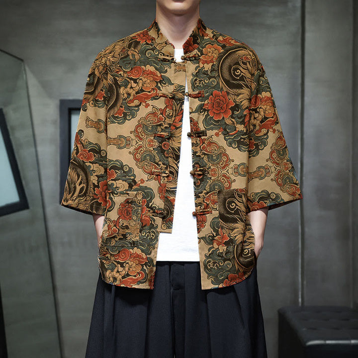 Camisa de hombre Tang Suit con mangas tres cuartos, bolsillos, con estampado de Buddha Stones, primavera, rana, botón, dragón, montaña y flor. - Sopa de mariscos - US/UK/AU44, UE 54 (5XL) - image 10