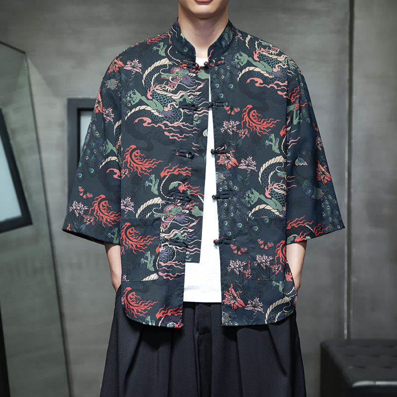 Buddha Stones Camisa de hombre con manga tres cuartos y bolsillos, diseño de rana de primavera, dragón, montaña y flores - Azul medianoche - US/UK/AU44, UE54 (5XL) - image 19