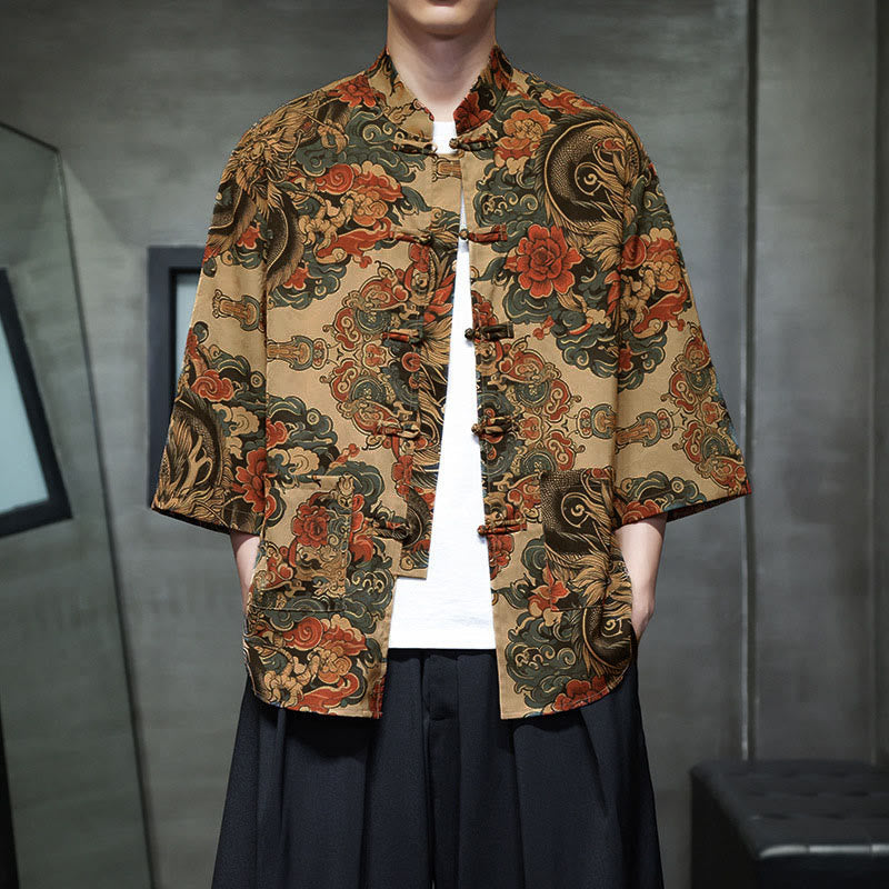 Buddha Stones Camisa de hombre con manga tres cuartos y bolsillos, diseño de rana de primavera, dragón, montaña y flores - Sopa de mariscos - US/UK/AU44, UE54 (5XL) - image 10