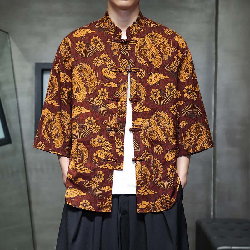 Buddha Stones Camisa de hombre con manga tres cuartos y bolsillos, diseño de rana de primavera, dragón, montaña y flores - Perú - US/UK/AU44, UE54 (5XL) - image 0