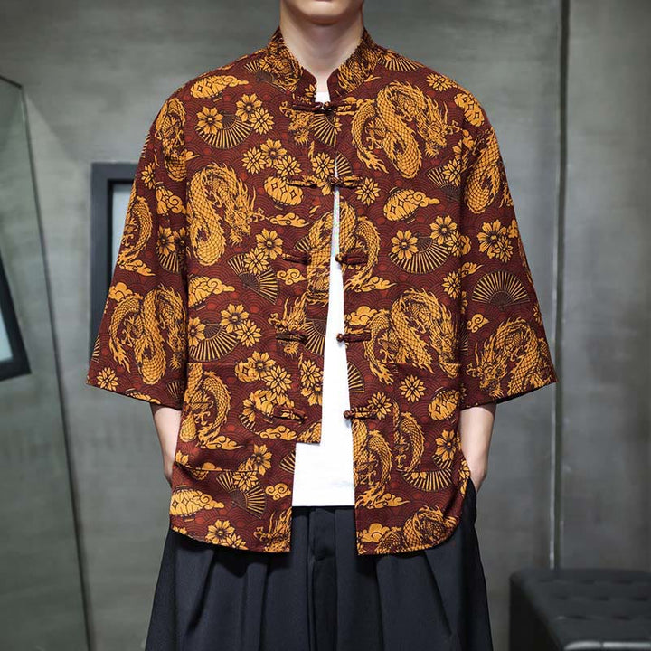 Buddha Stones Camisa de hombre con manga tres cuartos y bolsillos, diseño de rana de primavera, dragón, montaña y flores - Perú - US/UK/AU44, UE54 (5XL) - image 0