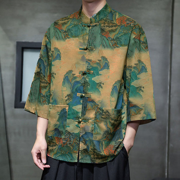 Buddha Stones Camisa de hombre con manga tres cuartos y bolsillos, diseño de rana de primavera, dragón, montaña y flores - image 39