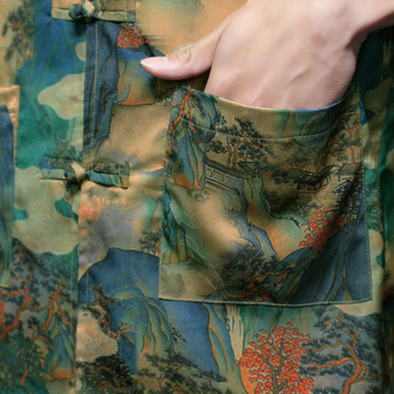 Buddha Stones Camisa de hombre con manga tres cuartos y bolsillos, diseño de rana de primavera, dragón, montaña y flores - image 48