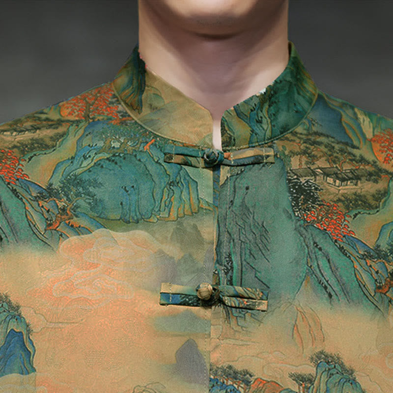 Buddha Stones Camisa de hombre con manga tres cuartos y bolsillos, diseño de rana de primavera, dragón, montaña y flores - image 46