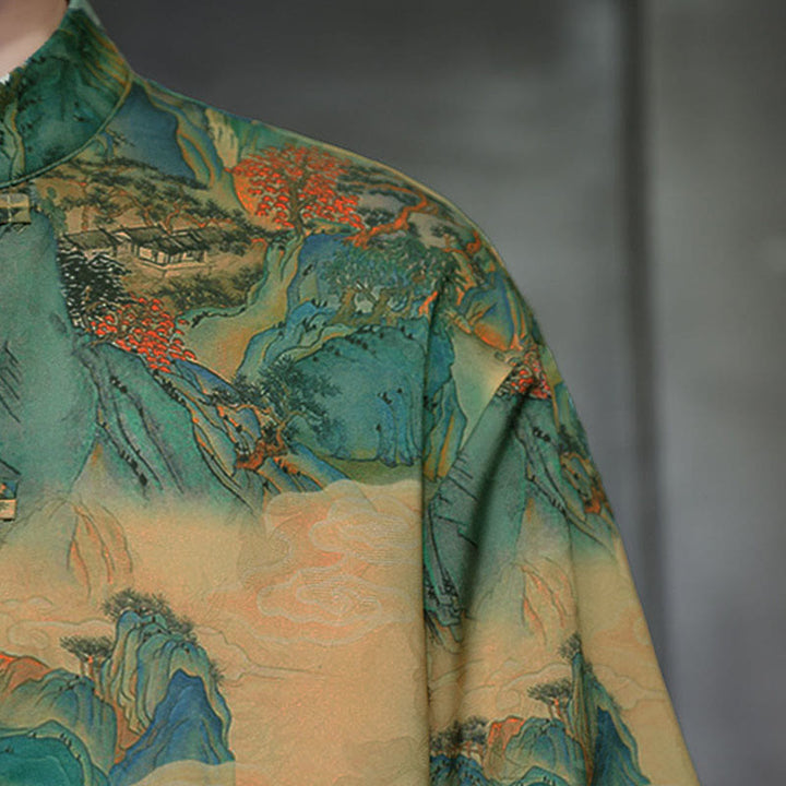 Buddha Stones Camisa de hombre con manga tres cuartos y bolsillos, diseño de rana de primavera, dragón, montaña y flores - image 47